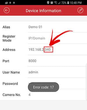 Hikvision Error Code 17 wrong IP Address
