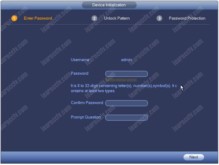 Dahua DVR Password Setup Screen