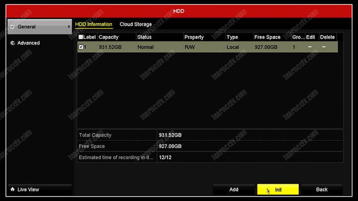 Menu DVR Hikvision HDD Ban đầu