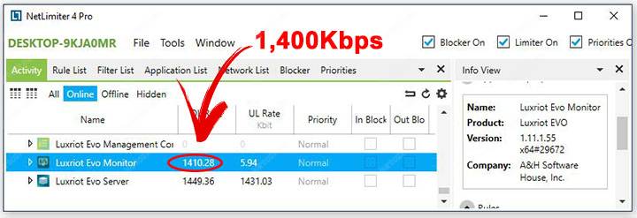 Net Limiter shows 1400 Kbps
