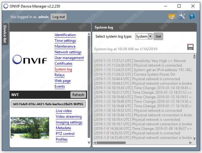 Onvif Device Manager Camera system log