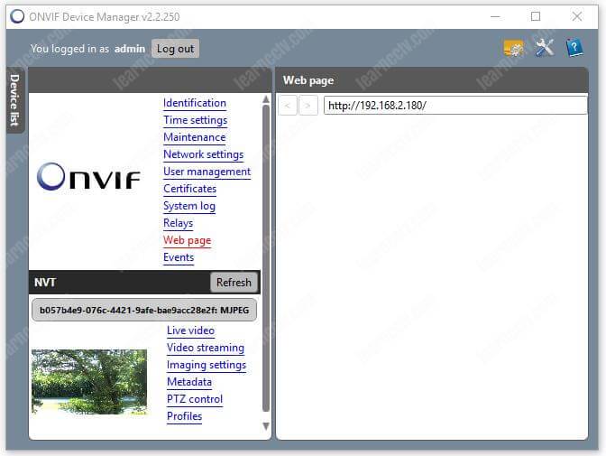 Trang web camera quản lý thiết bị Onvif