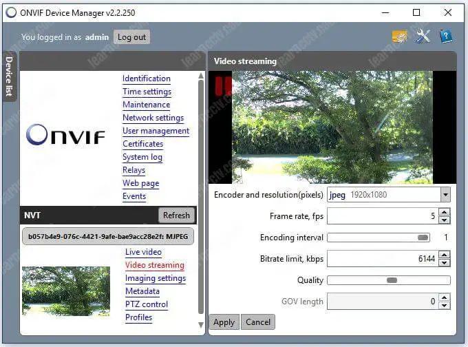 Trình quản lý thiết bị Onvif Camera Video streaming
