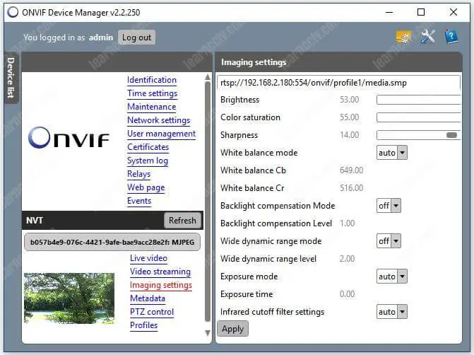 Onvif Device Manager Camera Imaging Settings