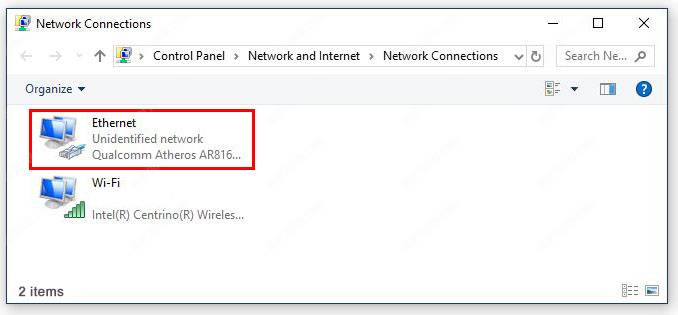 Windows network connection Ethernet