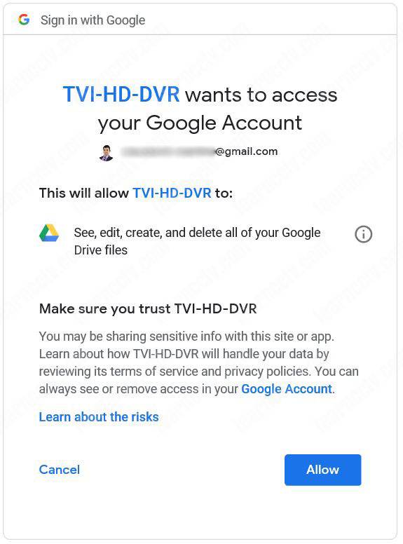 Lưu trữ cấu hình DVR Hikvision Ủy quyền cho phép truy cập Google