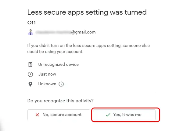 Google Less Secure apps Alert Confirm