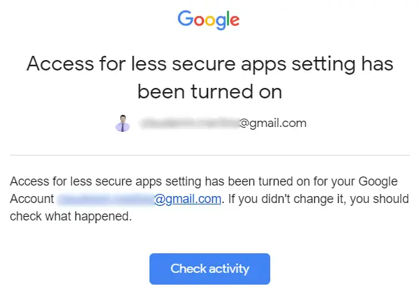Google Less Secure apps Alert