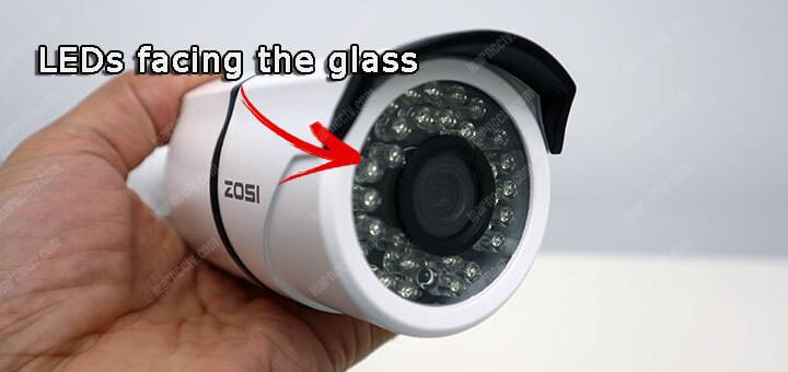 Security camera with LEDs facing the glass
