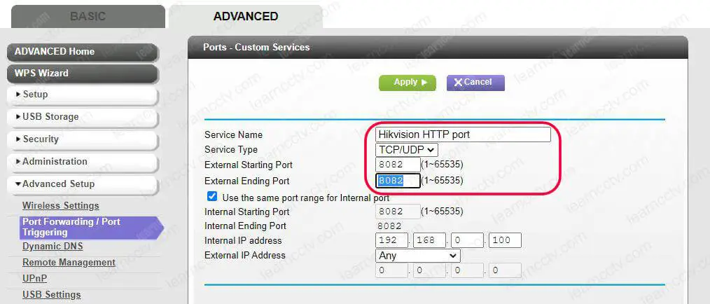 Router port forwarding for Hikvision