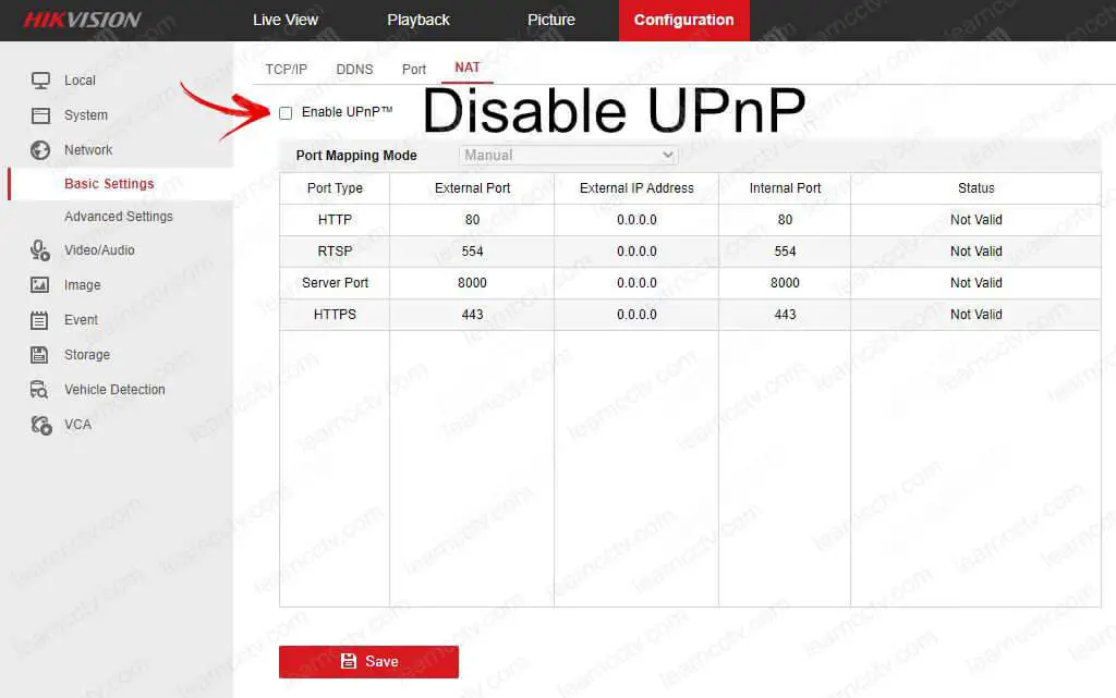 Disable UPnP in the Hikvision NVR