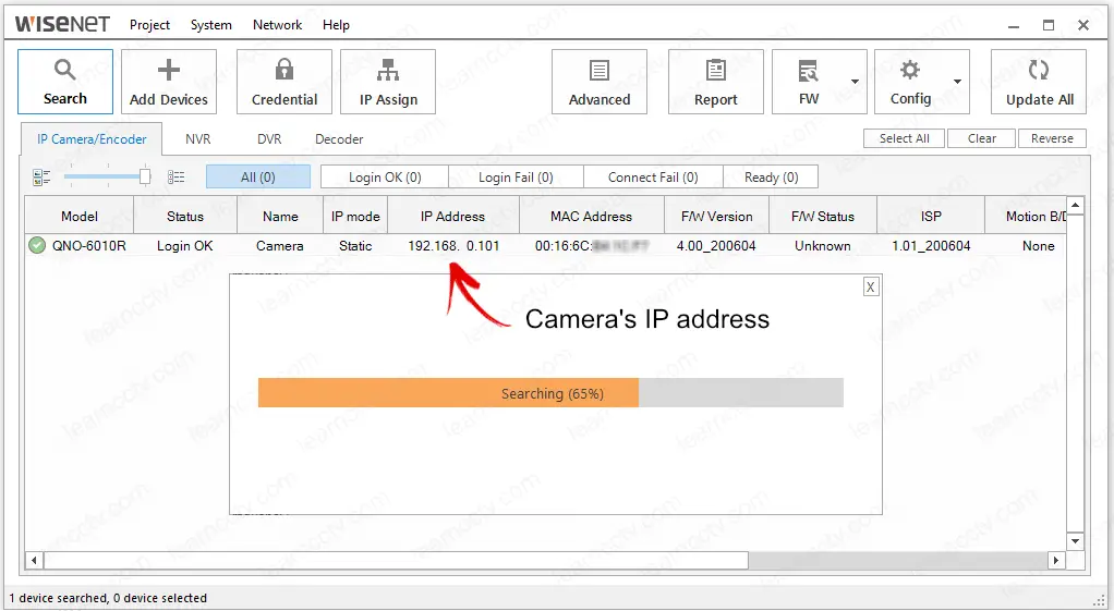 Wisenet Device Manager finds camera IP