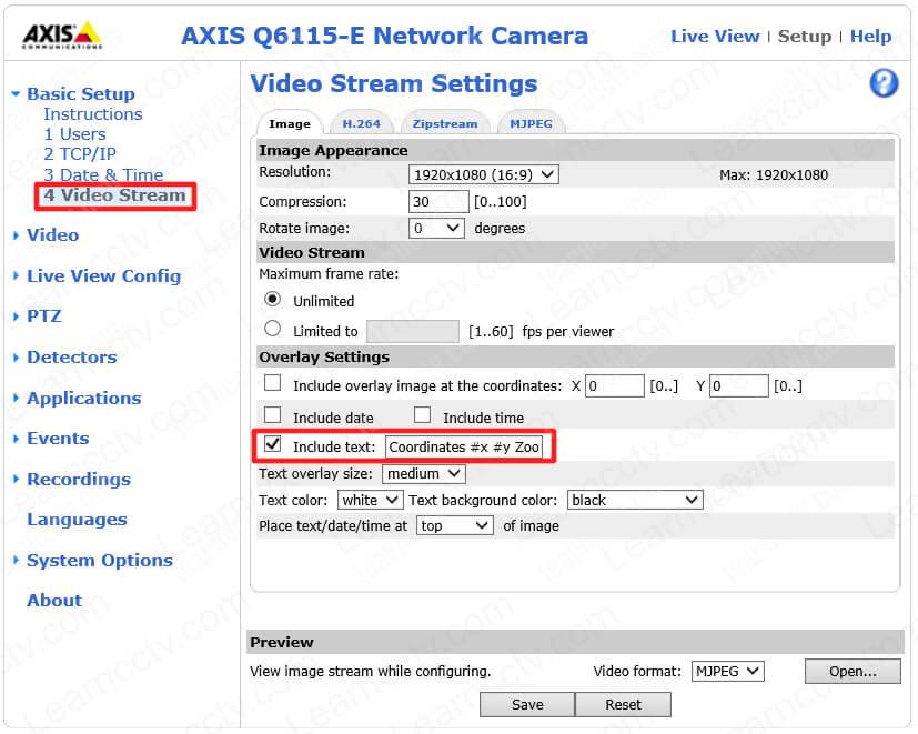 Axis PTZ Overlay Settings for Coordinates
