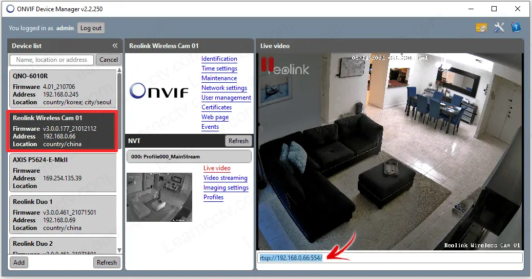 Reolink camera on ONVIF device manager