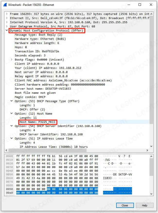 Wireshark Trace P3225 MKII DHCP Offer